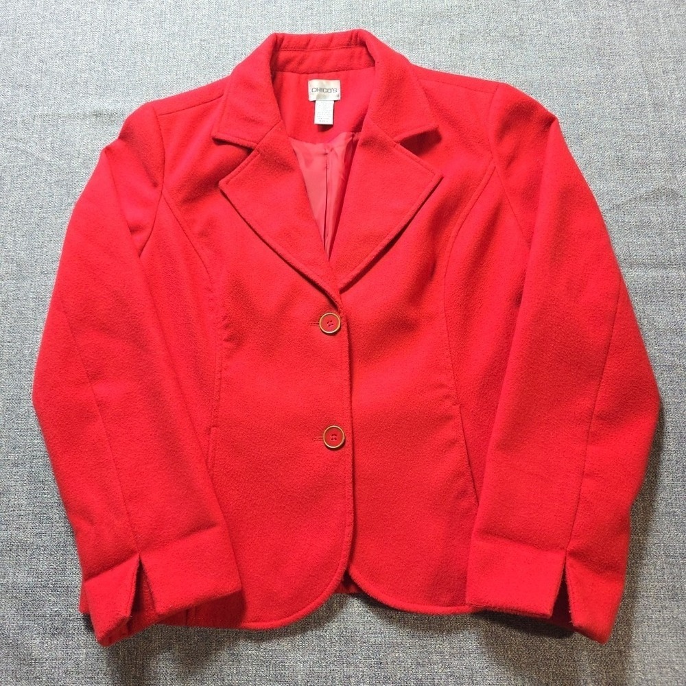 Chico's Red Knit Blazer Jacket Open Cardigan Size 1 Button